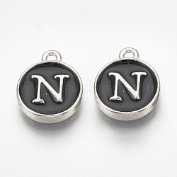 Alloy Enamel Charms, Flat Round with Letter, Platinum, Black, Letter.N, 14x11.5x2.5mm, Hole: 1mm