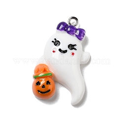 Pendentifs en résine opaque d'halloween, avec boucles en fer couleur platine, fantôme avec citrouille, blanc, 32x19x5.5mm, Trou: 2mm