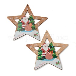Ciondoli grandi in legno naturale a tema natalizio, stella con babbo natale, colorato, 101~106x105~107x3mm, Foro: 3 mm