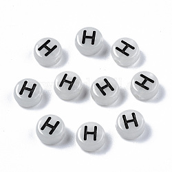 Acryl-Perlen, mit Emaille und leuchtend, horizontales Loch, flach rund mit schwarzem Buchstaben, Leuchten im Dunkeln, lichtgrau, letter.h, 7x3.5 mm, Bohrung: 1.5 mm, ca. 3600~3700 Stk. / 500 g