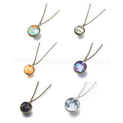 Glass Pendant Necklace, with Alloy Cable Chains and Lobster Claw Clasps, Cadmium Free & Lead Free, Round, Mixed Patterns, 20.07 inch(51cm), Pendants: 24x21x19mm