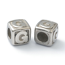 Perles européennes en 304 acier inoxydable, Perles avec un grand trou   , trou horizontal, cube avec la lettre, couleur inoxydable, letter.g, 8x8x8mm, Trou: 4mm