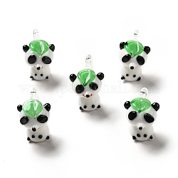 Pendentifs vernissées manuelles, breloques panda avec feuille, lime green, 24~25x15~16x18~21mm, Trou: 2~2.5mm