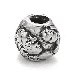 304 perline europei in acciaio inox, perline con foro grande, tondo con volto umano, argento antico, 10x11x9mm, Foro: 4.5 mm