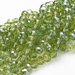 Chapelets de perles en rondelles facettées en verre électrolytique, demi-plaqué, vert jaune, 6x4mm, Trou: 1mm, Environ 85~88 pcs/chapelet, 16.1~16.5 pouce (41~42 cm)