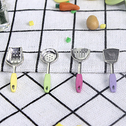 Set di utensili da cucina in mini lega, compreso 3 pz tornitori, 1 cucchiaio da schiumarola, per gli accessori della casa delle bambole che fingono decorazioni di scena, platino, 29~30.5x10~11.5x3~3.5mm, 4 pc / set
