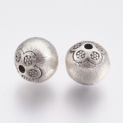 Brass Textured Beads, Round with Flower, Antique Silver, 13.5mm, Hole: 2mm