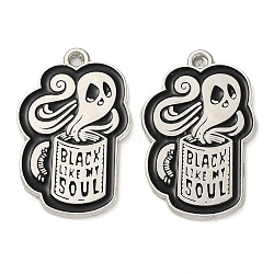 Halloween Alloy Enamel Pendants, Platinum, Coffee Cup with Ghost Charm, Black, 28x18x1mm, Hole: 1.8mm