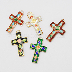Handmade Cloisonne Pendants, Cross, Mixed Color, 36x23x4mm, Hole: 2mm