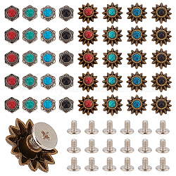 Ahadermaker 40 juegos 8 remaches de tornillo de moneda de aleación de estilo, diy artesanía de cuero uñas, con resina imitación turquesa, flor, color mezclado, 1.3~1.4x1.15~1.4x0.5~0.65 cm, agujero: 2.5 mm, 5 juegos / estilo