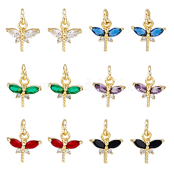 DICOSMETIC 12PCS 6Colors Brass Micro Pave Cubic Zirconia Charms, Real 18K Gold Plated, Cadmium Free & Lead Free, Autumn Pendants, Dragonfly, Mixed Color, 10x10.5x3mm, Hole: 3.8mm, 2pcs/color