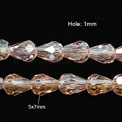 Electroplate Glass Beads Strands, AB Color Plated, Faceted Teardrop, Pink, 7x5mm, about 65~67pcs/strand, 18~18.5 inch(45.5~46.9cm)