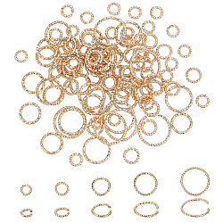 Pandahall elite 5 tailles anneaux en laiton, anneaux de jonction ouverts, Plaqué longue durée, sans cadmium et sans plomb, anneau rond torsadé, véritable 14k plaqué or, 5~12x1 mm (calibre 18), diamètre intérieur: 3~10 mm, 115 pcs / boîte