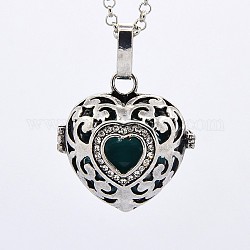 Antique Silver Brass Rhinestone Cage Pendants, Chime Ball Pendants, Heart, with Brass Spray Painted Bell Beads, Teal, 27x27x21mm, Hole: 3x5mm, Bell: 16mm