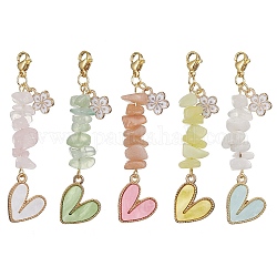 Heart Acrylic & Natural Gemstone Chips Beaded Pendant Decoration, with Alloy Enamel Flower Charms and 304 Stainless Steel Lobster Claw Clasps, 64mm