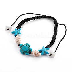 Bracelets de perles de nylon tressés réglables, avec des perles synthétiques turquoise (teintes) et des perles de coquillage, 2 pouce ~ 3-7/8 pouces (5.2~10 cm)