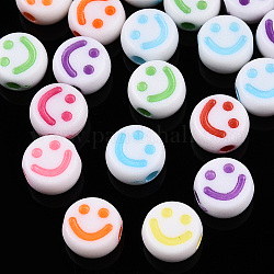 Perles acryliques artisanales opaques, plat rond avec un visage souriant, couleur mixte, 7x3.5mm, Trou: 1.5mm, environ 3637 pcs/500 g