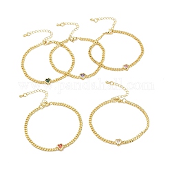 Bracelet à maillons cœur en zircon cubique avec chaînes gourmettes, bijoux en laiton plaqué or pour femme, sans cadmium et sans plomb, couleur mixte, 7-1/4 pouce (18.5 cm)
