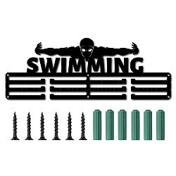 Estante de pared de exhibición de soporte de suspensión de medalla de hierro de moda de natación de nadador y palabra, con tornillos, electroforesis negro, 149x400mm