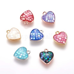 Brass Enamel Charms, with Freshwater Shell, Heart, Mixed Color, 12x10x2.5mm, Hole: 1.2mm