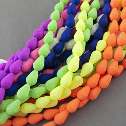 Painted Neon Glass Bead Strands, Rubberized Style, Faceted, Teardrop, Mixed Color, 15x10x10mm, Hole: 1mm, about 30pcs/strand, 22.6inch