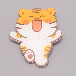 Tiger Laughing Chinese Zodiac Acrylic Brooch, Lapel Pin for Chinese Tiger New Year Gift, White, Orange, 42x35x7mm