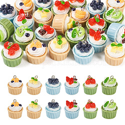 24Pcs 6 Styles Opaque Resin Pendants, Cupcake Charms, Imitation Food, with Platinum Tone Metal Loops, Kiwi Fruit & Strawberry & Blueberry & Mango & Orange & Waxberry Pattern, Mixed Color, 18~19x17~18mm, 4pcs/style