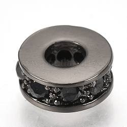 Brass Micro Pave Cubic Zirconia Beads, Flat Round, Black, Gunmetal, 7x3mm, Hole: 3mm