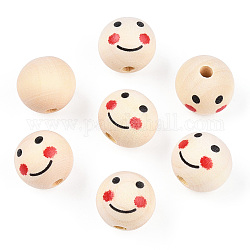 Unfinished Natural Wood Beads, Wooden Smiling Face Print Round Beads, Large Hole Beads, PapayaWhip, 19~20x17.5~18mm, Hole: 4~4.8mm
