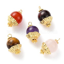 Pendentifs perles de grenat naturel & cornaline & quartz rose & améthyste & oeil de tigre, avec des épingles à tête sphérique en laiton doré, perles d'espacement d'alliage et chapeaux de talon, ronde, 18~19x10.7mm, Trou: 1.5~2mm