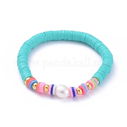 Handmade Polymer Clay Heishi Beads Stretch Bracelets, with Natural Baroque Pearl Keshi Pearl Beads, Dark Turquoise, 2-1/8 inch(5.5cm)