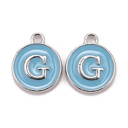Platinum Plated Alloy Enamel Charms, Cadmium Free & Lead Free, Enamelled Sequins, Flat Round with Letter, Sky Blue, Letter.G, 14x12x2mm, Hole: 1.5mm
