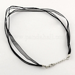 Cuerda del collar joya que hace, Cinta de organza y cordón de algodón encerado y cierre de hierro plateado, negro, 16.9 pulgada (43 cm), 6mm