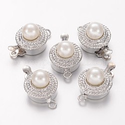 Platinum Tone Brass Box Clasps, with Alloy Acrylic Pearl Beads Cabochon, Nickel Free, about 11mm wide, 18mm long, 9mm thick, hole: 1.5mm