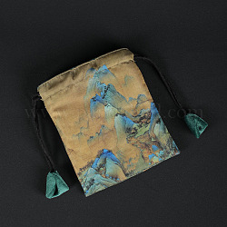 Bolsas de regalo con cordón de joyería de tela de estilo chino rectangular para pendientes, esposas, embalaje de collares, patrón de montaña, trigo, 12x10 cm