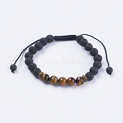 Bracelets réglables de perles tressées avec cordon en nylon, avec pierre de lave, perles d'oeil de tigre et accessoires d'alliage, 2-1/8 pouce (54 mm)
