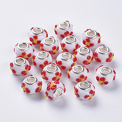 Handgefertigt Murano holprigen europäischen Perlen, Großloch perlen, mit silberner Farbe Messing Doppelkerne, Unterlegscheibe mit Blume, rot, 14~15x14~15x11 mm, Bohrung: 5 mm