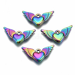 Colgantes de aleación de color arcoíris, sin plomo y cadmio, corazón con alas, 13.5x25x4mm, agujero: 1.5 mm