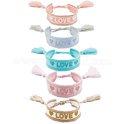 Fibloom Set di 5 braccialetti in nylon intrecciato regolabili in 5 colori, nappa charms word love bracciali per le donne, colore misto, 1-3/4~2-1/2 pollice (4.5~6.2 cm), 1pc / color