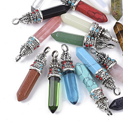 Natural & Synthetic Mixed Gemstone Pointed Pendants, with Tibetan Style Alloy Pendant Bails and Enamel, Bullet, 47.5~50.5x11x10.5mm, Hole: 4.5mm