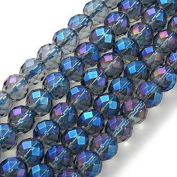 Hilos de cuentas de cristal de cuarzo sintético galvanizado., facetados, redondo, azul chapado, 10mm, agujero: 1.2 mm, aproximamente 39 pcs / cadena, 15.35'' (39 cm)