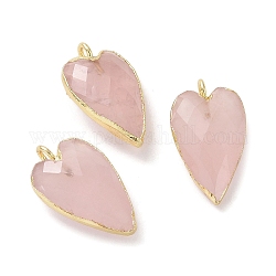 Pendentifs de quartz rose naturel, breloques en coeur à facettes, avec boucles de bord en laiton plaqué or, 22.5x13x7.5mm, Trou: 3mm