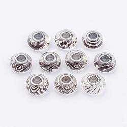 Glass European Beads, Large Hole Beads, with Brass Platinum Color Double Cores, Rondelle with Pattern, Mixed Color, 13.5~14.5x8mm, Hole: 5mm