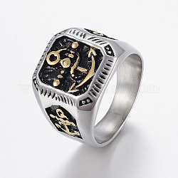 304 перстень из нержавеющей стали для мужчин, широкие кольца группа палец, квадратный с якорем, старинное серебро и античный золотой, Размер 12, (22мм)