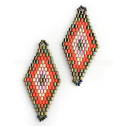 Miyuki & Toho japanische Saatperlen, Handgefertigte Verbinder, Rhombus Webstuhl Muster, orange rot, 42.5~44x19~20x1.5~2 mm, Bohrung: 1~2 mm