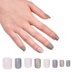 Ensembles de nail art, avec 24pcs ongles en plastique, 24pcs colle à ongles gelée double face, gris ardoise, 14.5~23x7~14mm, environ 24 pcs / ensemble