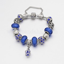 Alliage de couronne strass émail européens bracelets de perles, avec résine perles européennes, chaînes en laiton et en alliage fermoirs, bleu, 180mm