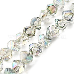 Trasparenti perle di vetro placca fili, arcobaleno placcato, sfaccettato, triangolo, ciano chiaro, 8~9x8.5~9x8.5~9mm, Foro: 1.5 mm, circa 50pcs/filo, 16.69'' (42.4 cm)