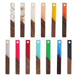 Pandahall 26Pcs 13 Styles Transparent & Opaque Resin & Walnut Wood Pendants, Rectangle Charms, Mixed Color, 39.5~40x4.5~5x3.5mm, Hole: 2mm, 2pcs/style