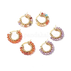 Boucles d'oreilles créoles tressées perles rondes zircone cubique, wire wrap 304 bijoux en acier inoxydable pour femme, or, couleur mixte, 18.5x21x3mm, pin: 1x0.7 mm